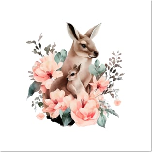 kangaroo with baby and flowers Posters and Art